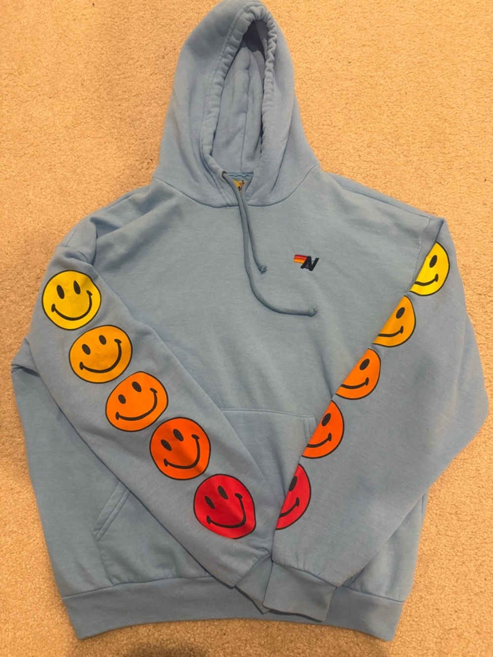 Aviator Nation Light Blue Crewneck Hoodie with Rainbow Smiley Sleeves